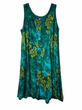 Vintage Hibiscus Hawaii Sleeveless Green Floral Button-Front Midi Dress